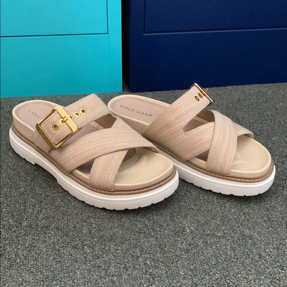 Cole Haan Natural Fraya Slide Platform Sandals with Crossed Straps